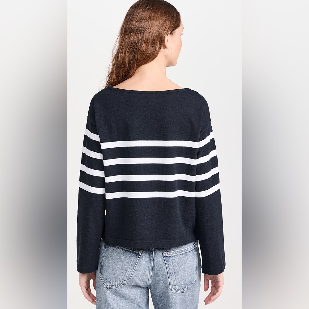 Faherty Women's Sport Jersey Boatneck Striped Long Sleeve Top - Navy and White - Picture 2 of 10